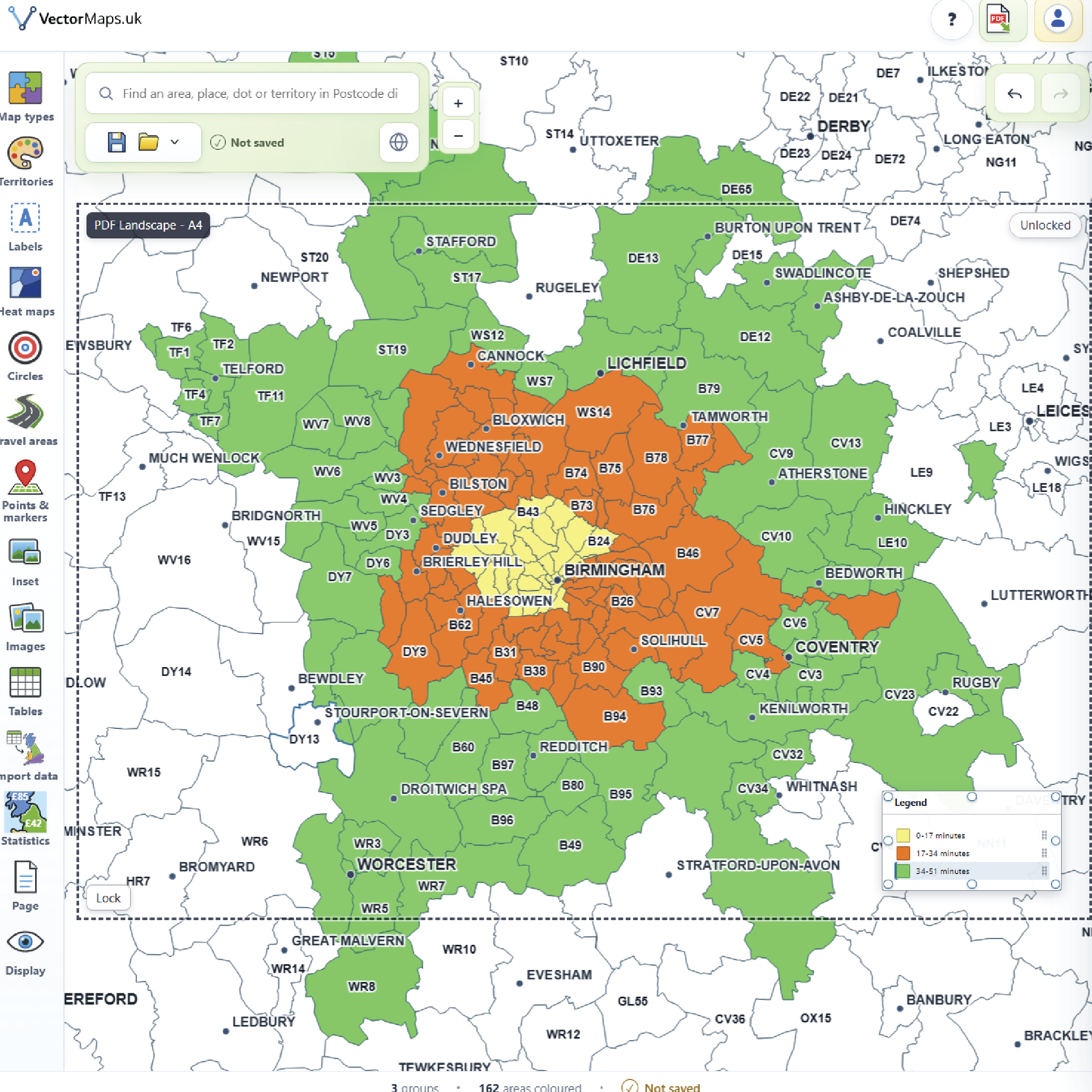Delivery-zone postcode territory map created in the online map designer